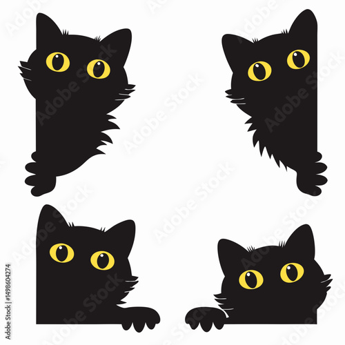 Collection displays four vector-style black cat faces peering in different directions, each with distinctive silhouettes and piercing yellow eyes against a transparent backdrop.