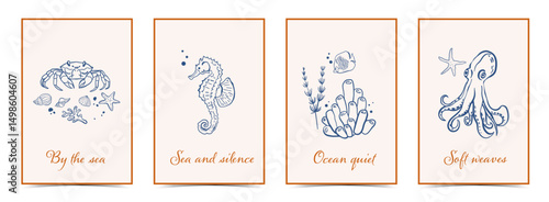 Sea Creatures Line Art Poster Set. Minimalist Marine Animals. Outline Collection. Trendy summer poster in sketch style. Hand drawn crab, octopus, seahorse, coral, seashells and fish