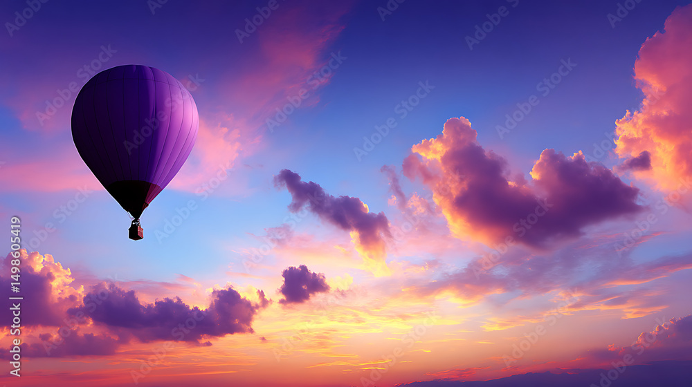 Obraz premium A hot air balloon is flying in the sky above a beautiful sunset