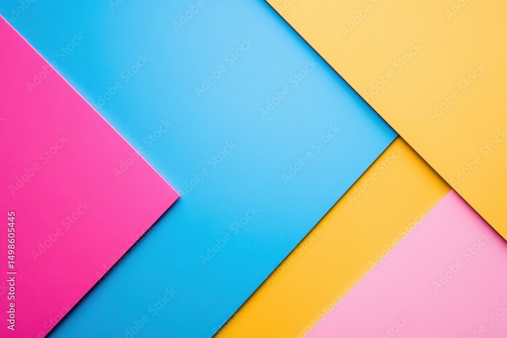 A vibrant and colorful geometric arrangement of pink, blue, and yellow paper sheets. This bright background offers a cheerful and creative design perfect for various projects. A vibrant and colorful geometric arrangement of pink, blue, and yellow paper sheets. This bright background offers a cheerful and creative design perfect for various projects.