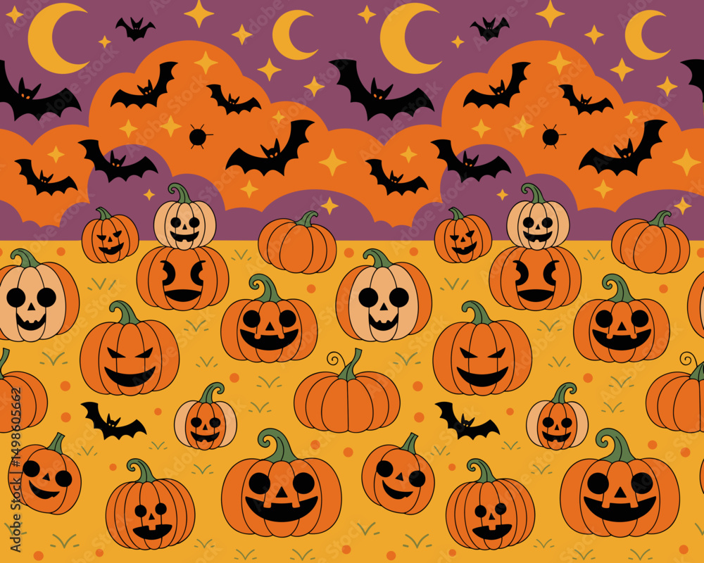 Fototapeta premium halloween seamless pattern, halloween, pumpkin, vector, autumn, pattern, illustration, seamless, orange, set, holiday, icon, october, celebration, design, cartoon, horror, spooky, fun, face, art, seas