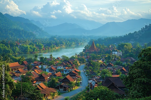 Scenic luang prabang laos river town mountains