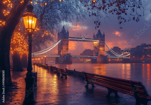 Romantic london bridge night scene illuminated