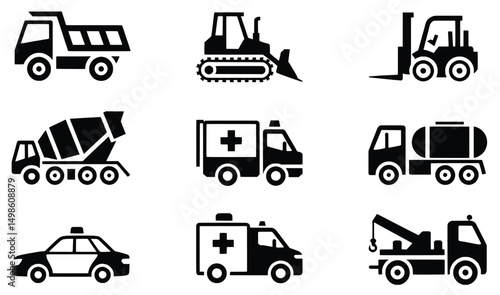 Collection of black and white vehicle icons dump truck bulldozer forklift cement mixer ambulance tanker tow truck police car
