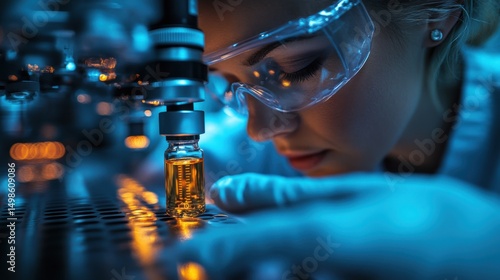 Female Scientist Examining Liquid Vial Under Microscope