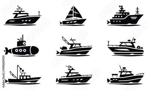 Collection of black silhouettes various watercraft boats ships yachts