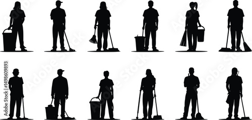 Diverse janitors cleaning supplies buckets brooms mopping
