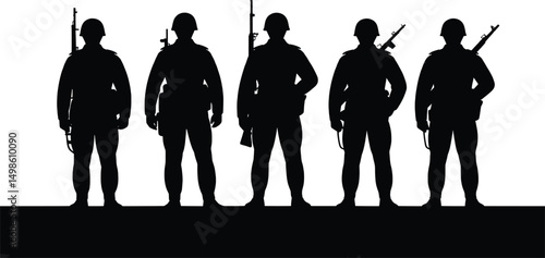 Five silhouettes of soldiers with rifles standing in a row