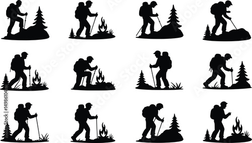 Hikers silhouettes camping in nature with backpacks and trekking poles