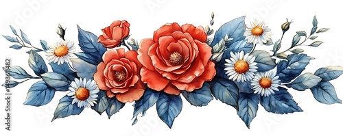 Orange roses, daisies, blue leaves. Floral arrangement, design