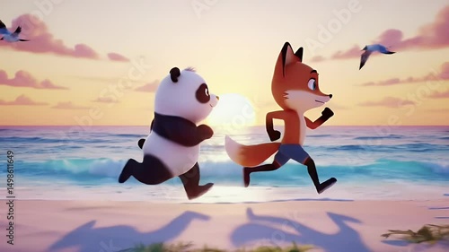Panda and Fox Running on Beach at Sunset 3D Animation