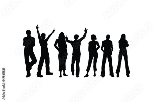 Vector Silhouette Set of Men and Women Standing in Various Poses Including Profiles and Raised Hands Business Group Illustration in Black Isolated on White Background