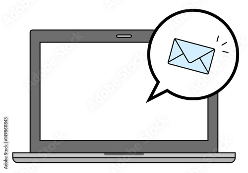 ノートパソコンでメールを受信するイメージイラスト おしゃれ 破線 シンプル ふきだし