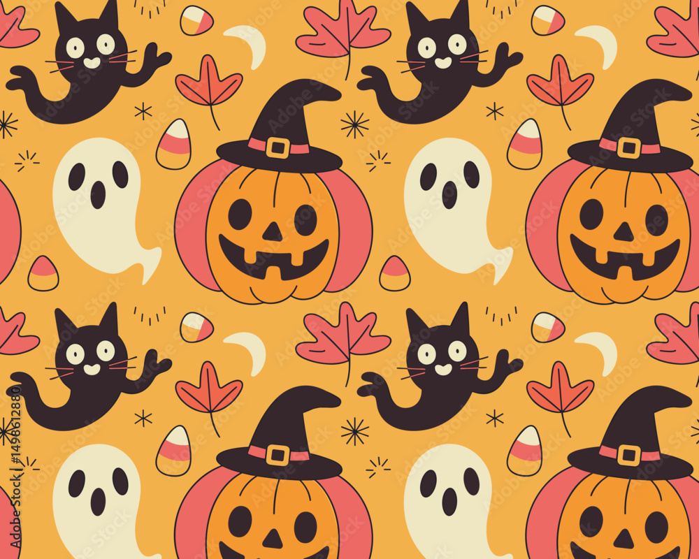 Naklejka premium halloween seamless pattern, halloween, pumpkin, vector, autumn, pattern, illustration, seamless, orange, set, holiday, icon, october, celebration, design, cartoon, horror, spooky, fun, face, art, seas