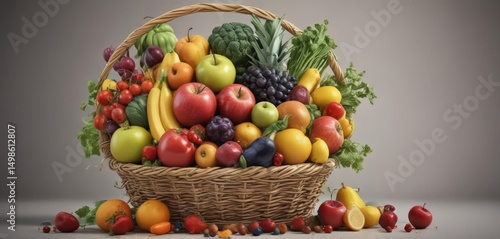Vibrant colorful fruits and vegetables overflowing from a basket ,  food,  natural