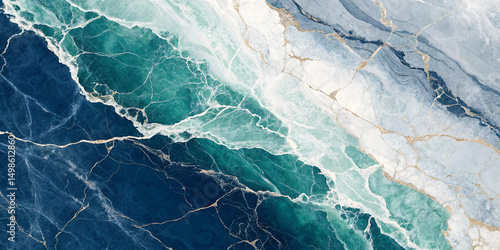 Teal-green marble with white and gold veining. Deep blue areas transition to vibrant emerald tones alongside creamy white sections
