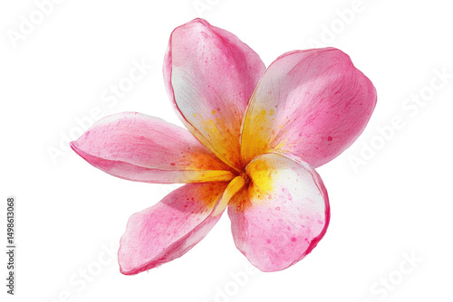 Vibrant pink frangipani flower with yellow center on black background, cut out