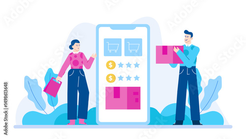 Man delivering a package to a woman, suitable for illustrating delivery services, courier companies, online shopping, client receiving goods.