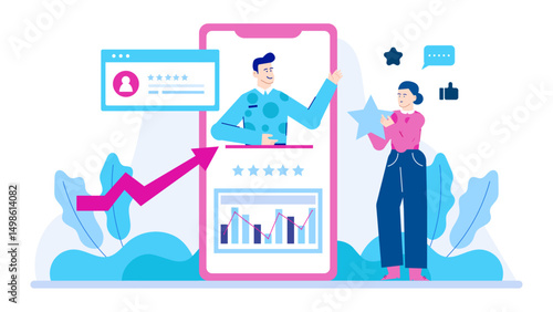Man receiving star from woman while on phone call. Suitable for customer service, recognition, teamwork, communication concept designs and projects.