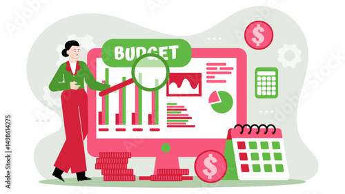 Woman analyzing budget with graphs/charts. Suitable for finance/business websites, articles, presentations, or educational materials about budgeting and financial analysis.