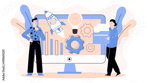 Innovative tech startup concept with team at desk, rocket light bulb and gears. Ideal for business presentations, tech blogs, and marketing.
