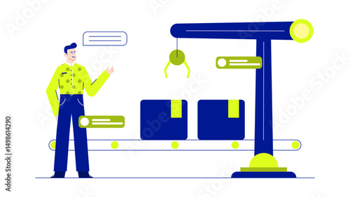 Man observing boxes on conveyor belt. Suitable for warehouse, logistics, production line, automation, monitoring, inspection, quality control concepts.