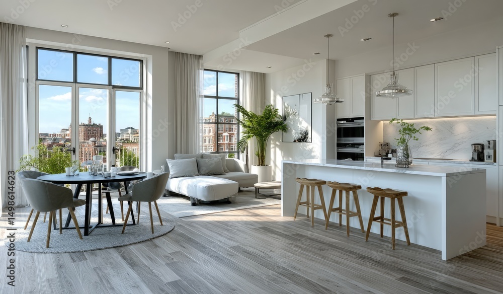 Fototapeta premium Modern apartment with an open kitchen, dining table, and sofa in the background.