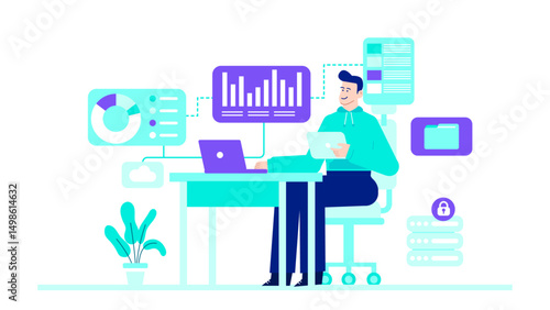 Man working at a desk with laptop, graphs, and folder. Suitable for business, finance, work from home, and technology concepts.
