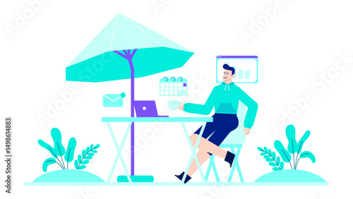 Man works under an umbrella at a desk, work rom anywhere concept, ideal for freelance, remote work, vacation, leisure, workspace, outdoor office concepts.