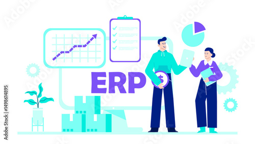 Erp illustration showing two people, pie chart, checklist, and gear. Perfect for business presentations, reports, software development concepts.