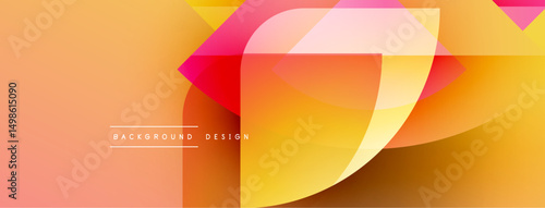 Abstract geometric shapes overlap, creating vibrant orange, yellow, pink gradients. Modern design feels energetic, dynamic. Background text reads background design.