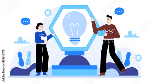 Two people standing in front of a large lightbulb, representing teamwork, creativity, and innovation concepts. Business presentations, teamwork illustration.