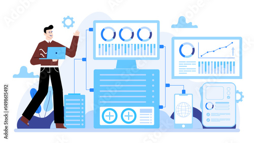 Man with laptop analyzing data on computer and phone. Suitable for business, technology, data analysis concepts in design projects.