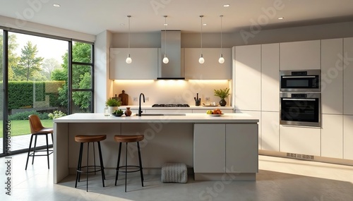 Modern kitchen island with breakfast bar seating and sleek countertops, ideal for casual dining and food preparation , eating, pendant lights