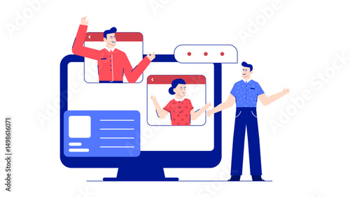 Man on video call with two people. Suitable for illustrating online meetings, teleconferencing, remote teamwork, virtual communication, and video conferencing concepts.