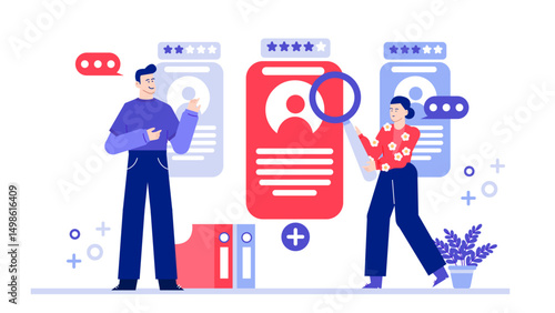 Two people analyzing profiles closely with a magnifying glass, suitable for recruitment or investigation concepts, teamwork and collaboration themes.