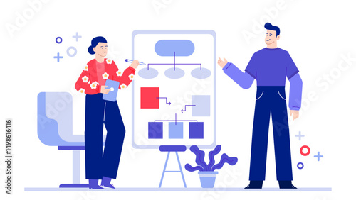 Ideal for business presentations, education materials, or teamwork concepts. Two individuals by whiteboard with a diagram in office setting.