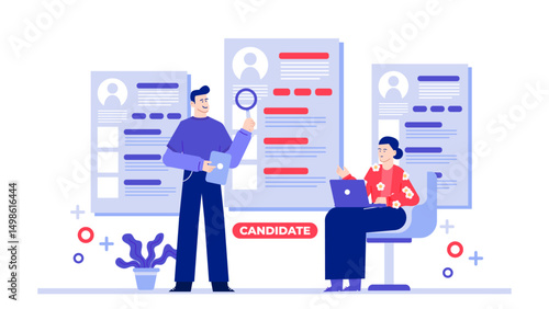 Two people reviewing a candidates resume on a laptop. Ideal for HR, job recruitment, hiring process visuals in business presentations.