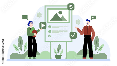 Two people presenting a plan with check marks, suitable for business strategy, teamwork, project management, collaboration concepts in presentations.