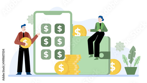 Two people using a mobile app and wallet, ideal for illustrating digital banking, ecommerce, and financial technology concepts.