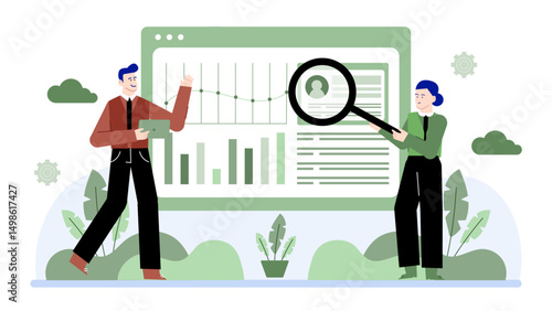 Two individuals analyzing data on a computer monitor with a graph displayed. Perfect for business presentations or financial reports.