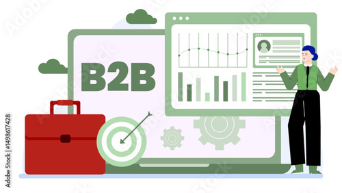 B2B marketing illustration featuring a person analyzing graphs and holding a briefcase. Perfect for business presentations, infographics, and marketing materials.