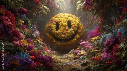 Vibrant Floral Landscape with Smiling Face Made of Flowers