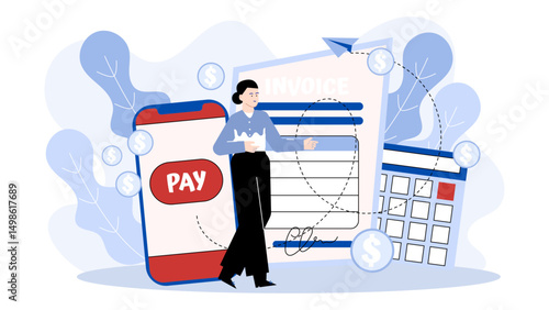 Woman using smartphone to pay invoice online. Suitable for financial technology, mobile banking, digital payment concepts, and small business marketing.
