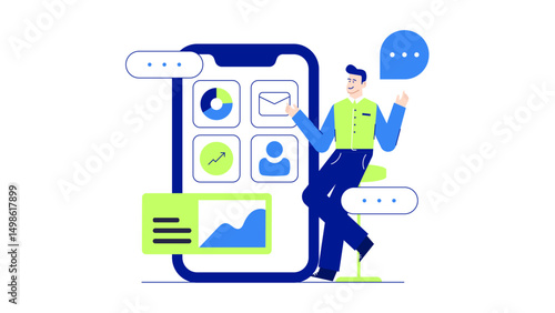 Man sitting near a smartphone with icons. Suitable for technology blogs, social media marketing concepts, digital communication content.