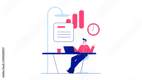 Man working remotely at a desk with laptop and clock, suitable for time management, remote work, business, and productivity concepts.