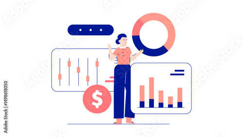 Ideal for business presentations, financial reports, and data analysis content. Woman closely studies data charts for business insights and strategy.