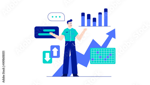 Man presenting a business graph suitable for financial presentations, data analysis blog posts, annual reports, and marketing materials.