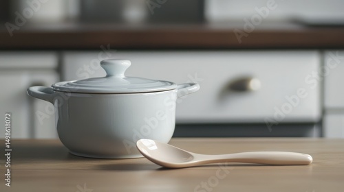 A ceramic spoon rest next to an enamel pot