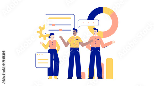 Three people discussing strategies in front of a chart. Suitable for business meetings, teamwork, collaboration, brainstorming, and strategy planning concepts.